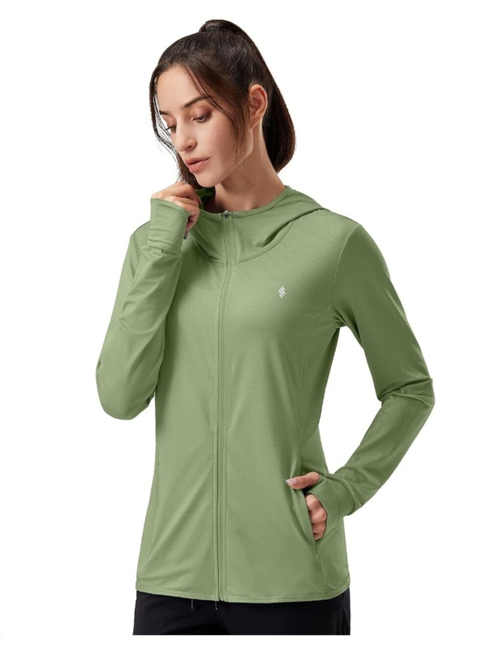 Women Olive Hoodie Thumbhole Long Sleeve Pockets Inner Pockets Full ZIP Jacket